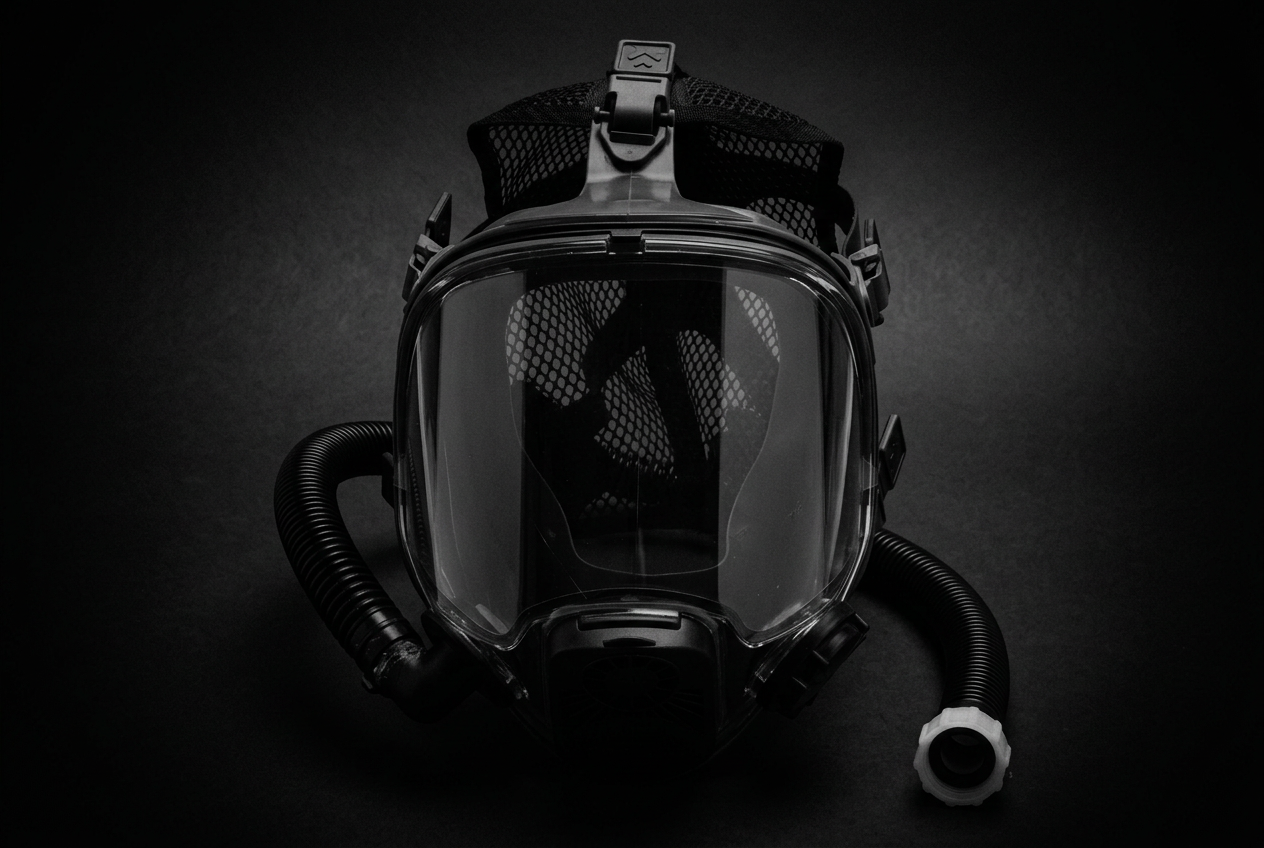 Silhouette of the industrial full-face respirator used in nitrogen executions.